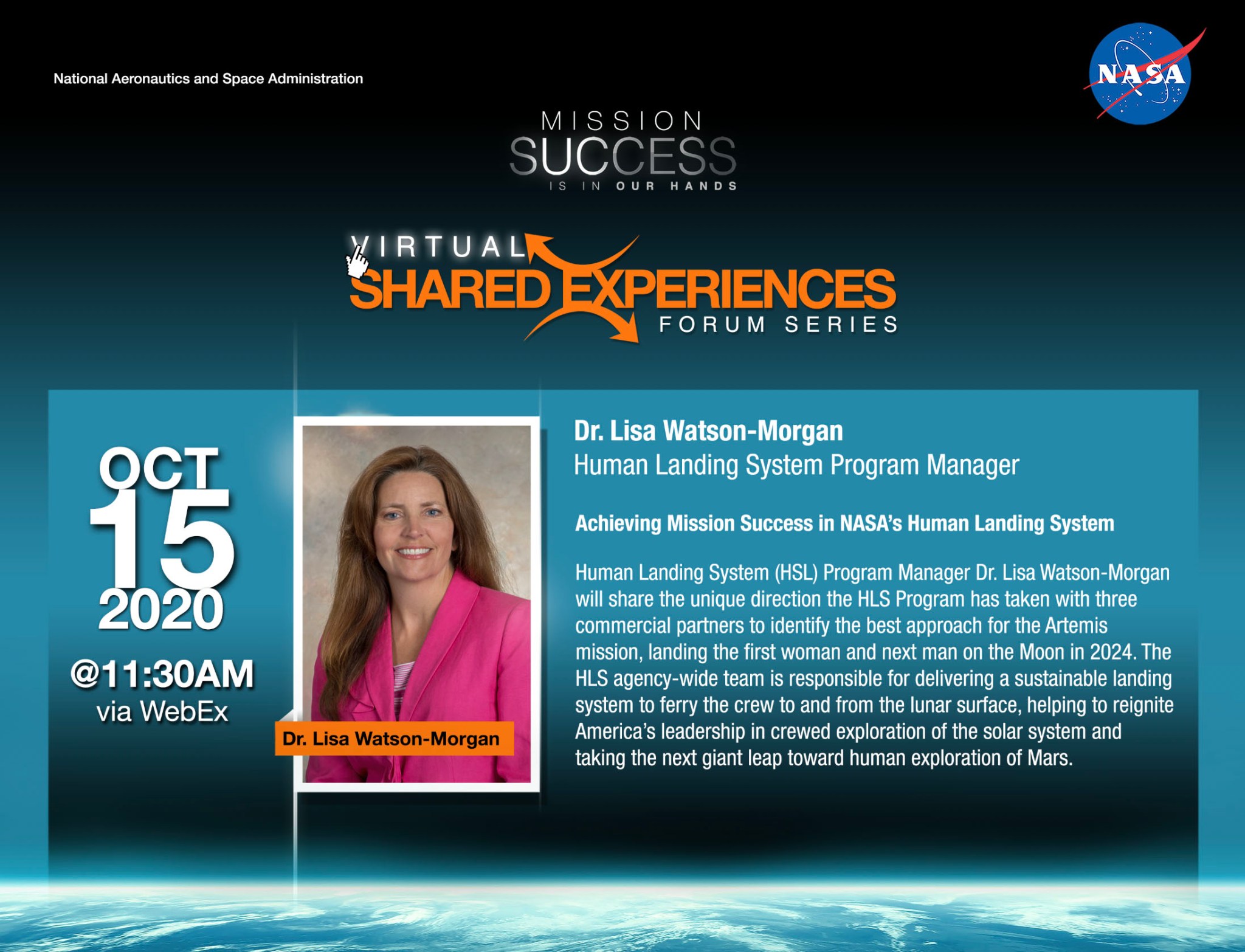 Lisa Watson-Morgan will deliver a virtual Mission Success is in Our Hands lecture via Webex at 11:30 a.m. Oct. 15. 
