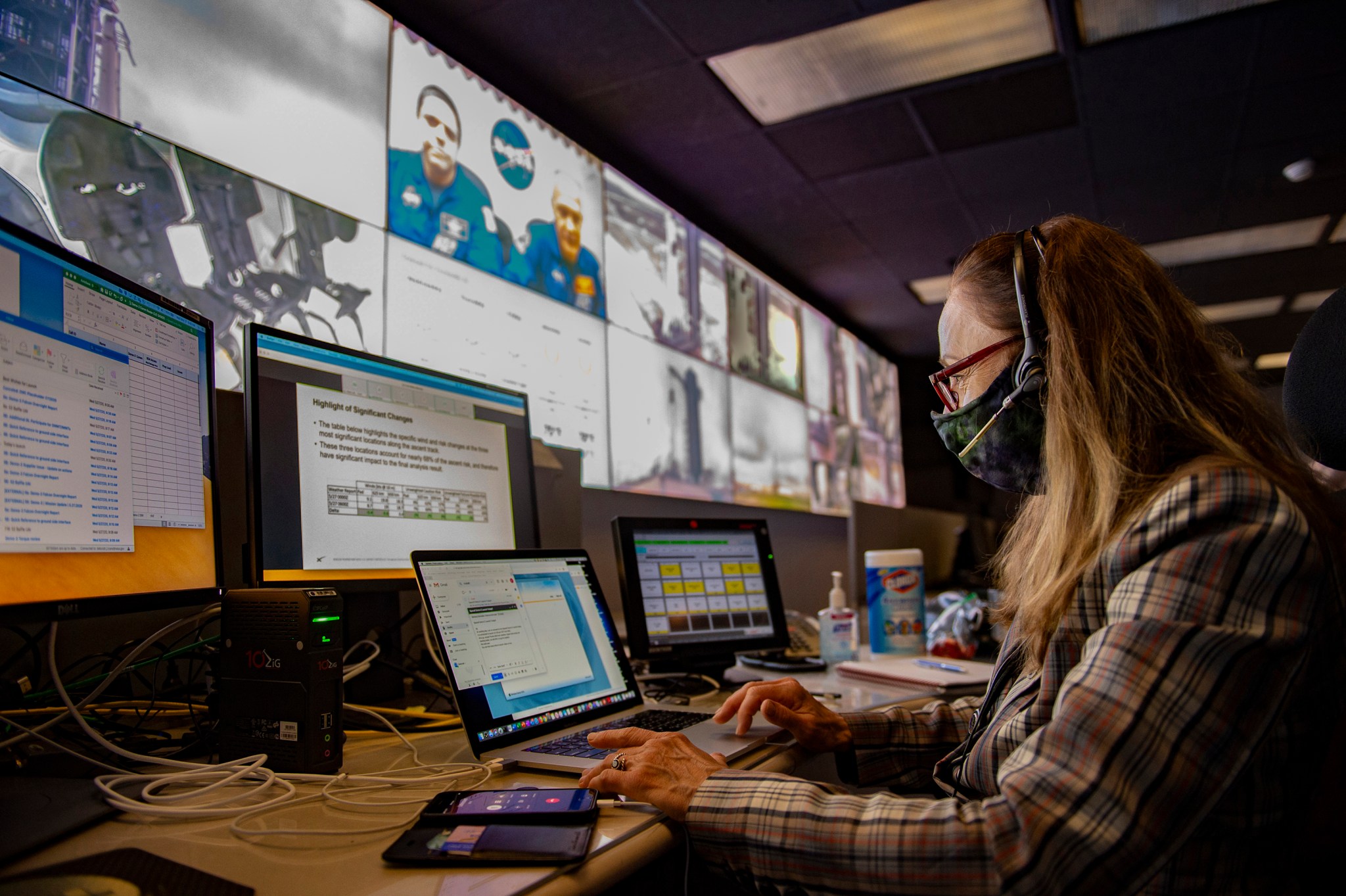 Deborah Crane, Commercial Crew Program launch vehicle chief engineer, monitors NASA’s SpaceX Demo-2 mission countdown.