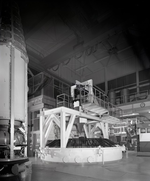Black and white image showing the top of the zero-g facility when it was new.