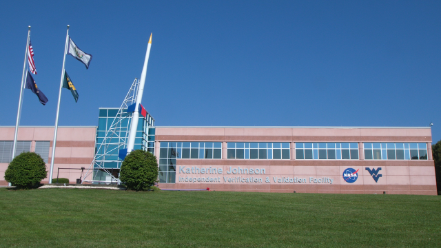 IV&V building with sounding rocket and flagpoles in front