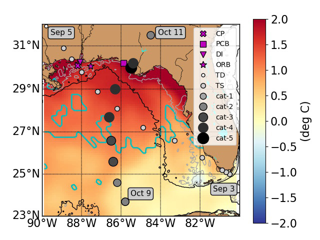 This map of the Gulf of Mexico shows areas with unusually high sea surface temperatures