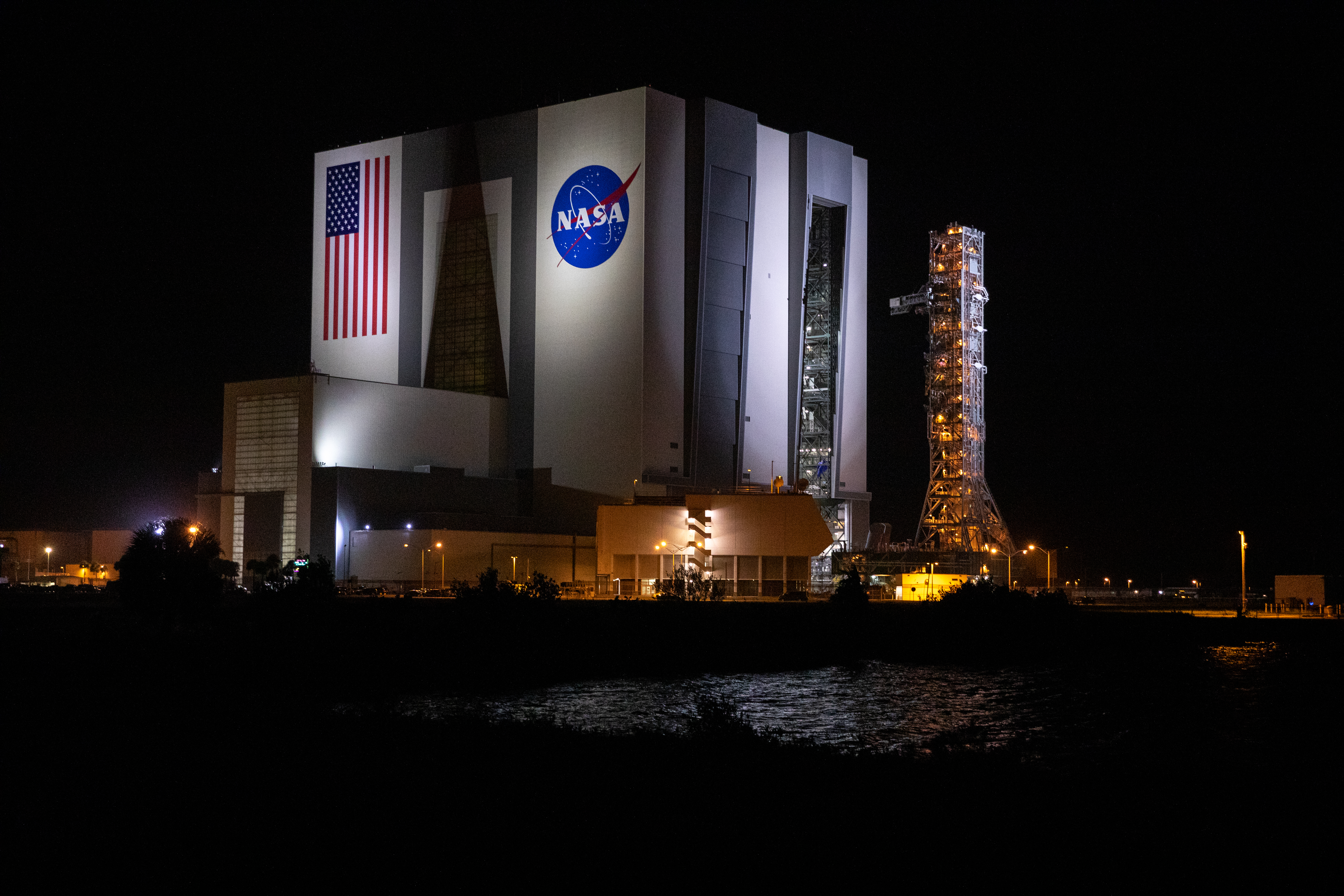 The mobile launcher for Artemis I begins rollout from the Vehicle Assembly Building atop crawler-transporter 2 on Oct. 20, 2020.