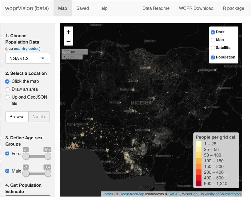 screenshot of the WorldPop database interface