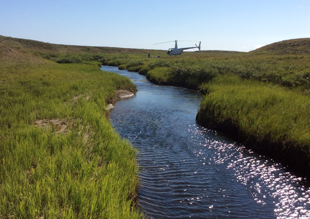 image of stream with grass on either side  and a helicopter parked on the side of the stream