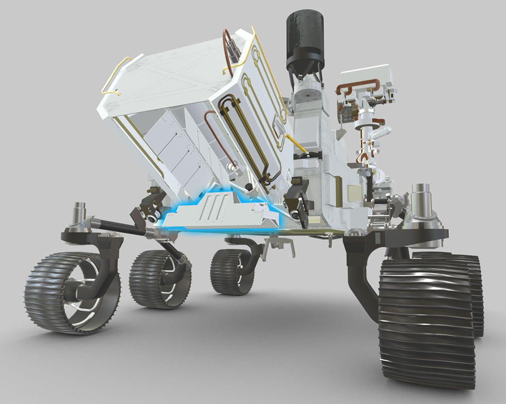 Highlighted in blue in this visualization, the RIMFAX instrument's antenna is externally mounted underneath the MMRTG