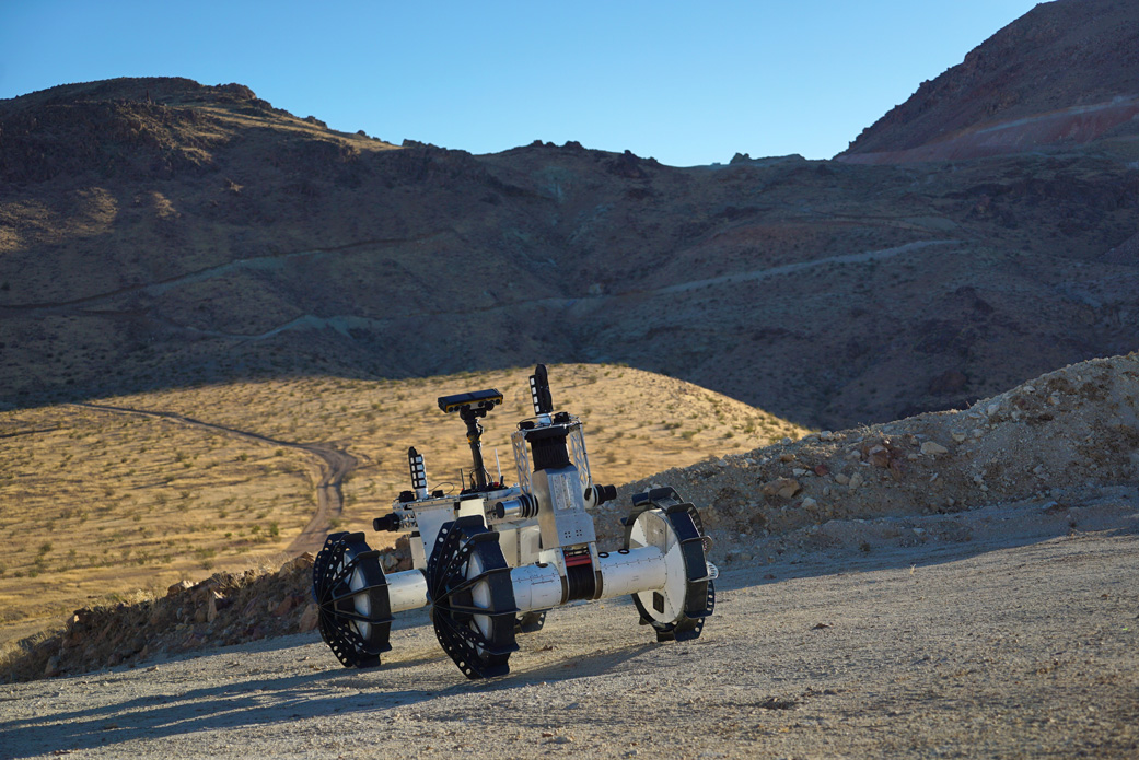 DuAxel rover participating in field tests in the Mojave Desert