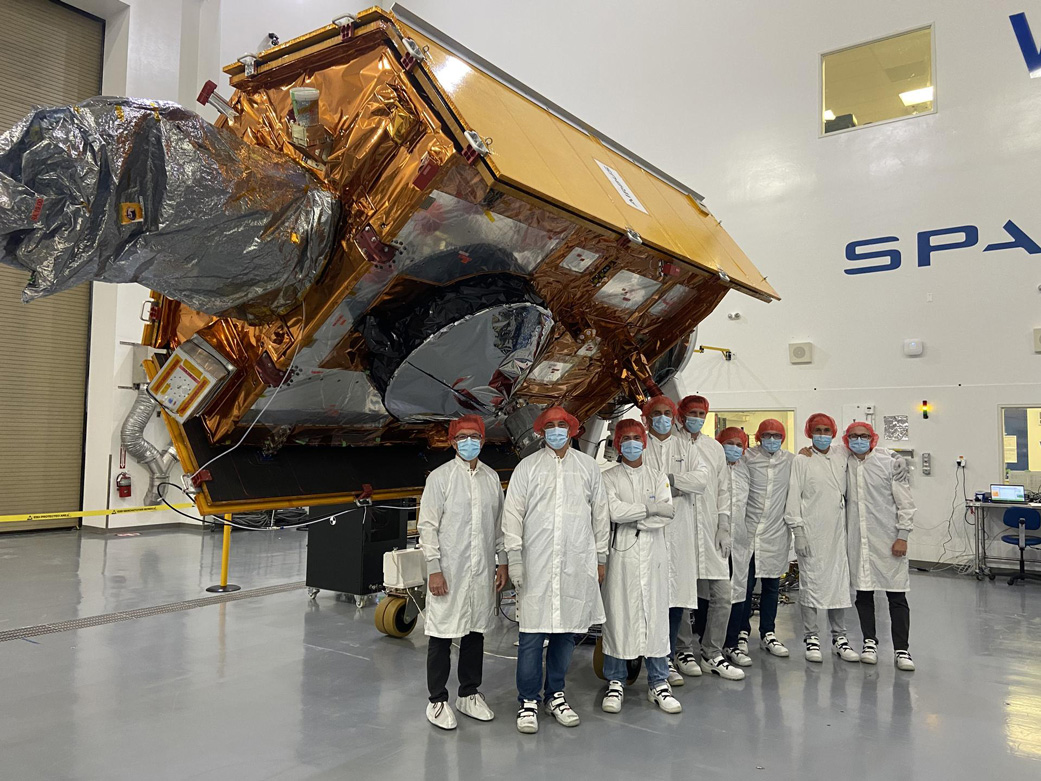 The Sentinel-6 Michael Freilich satellite undergoes final preparations in a clean room at Vandenberg Air Force Base