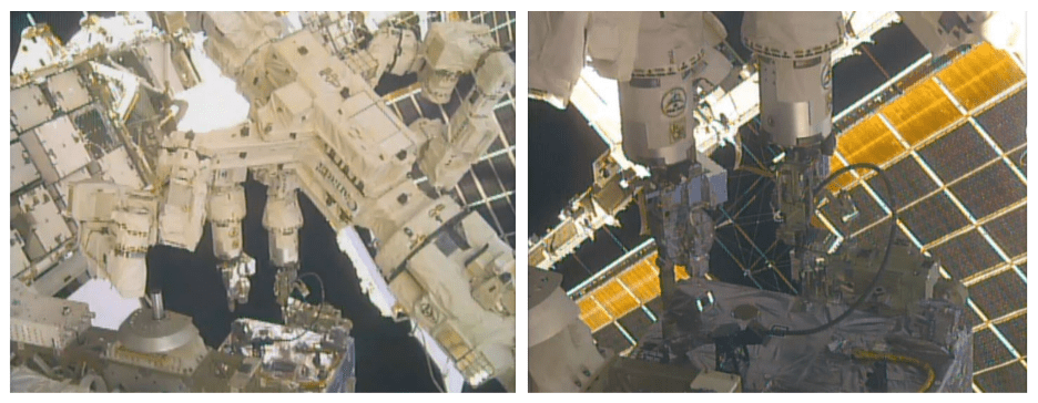 The International Space Station's Dextre robot simultaneously used both of its arms for these robotic operations.