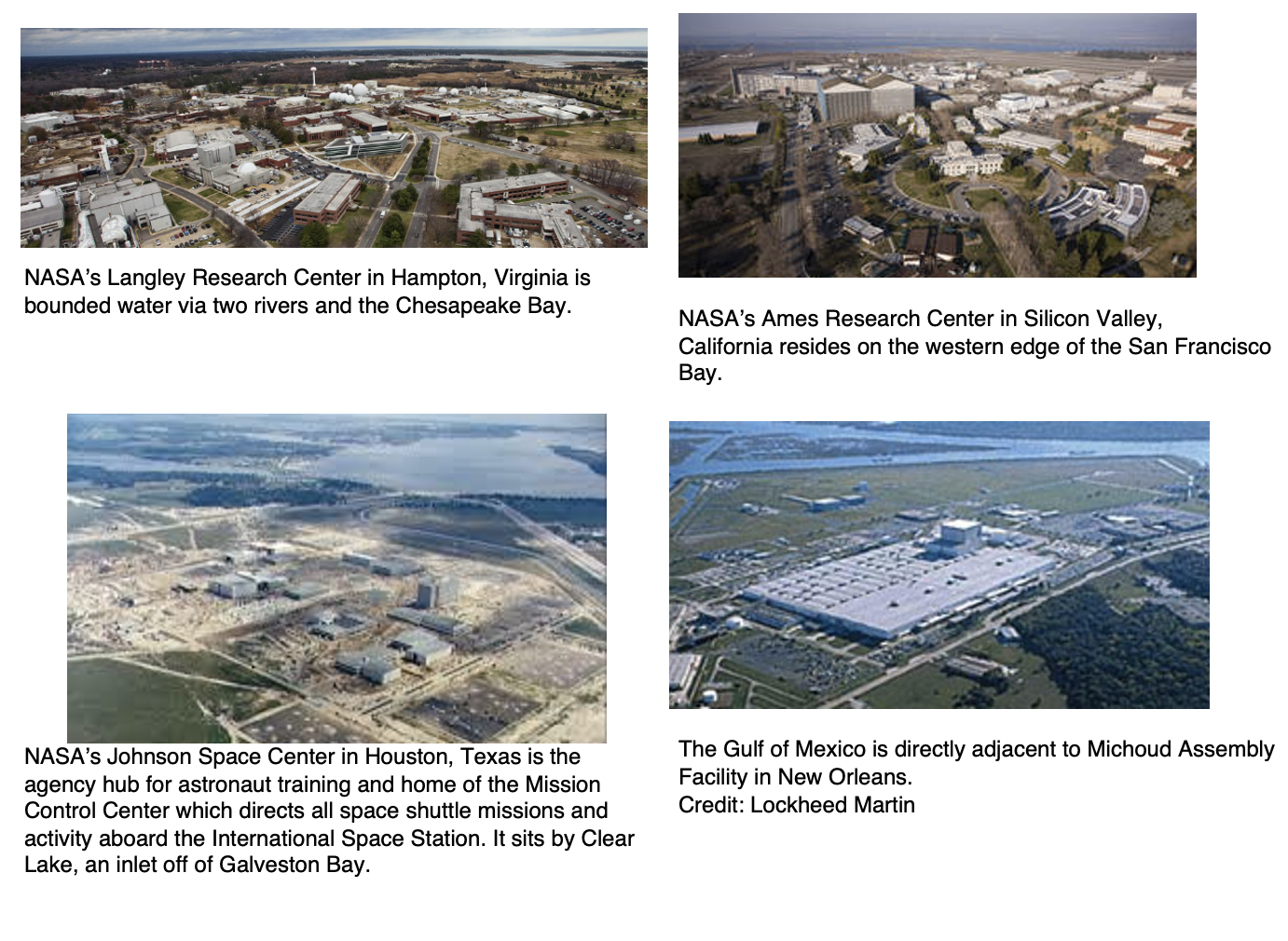 Aerial photos of several NASA facilities that may be affected by sea level rise.