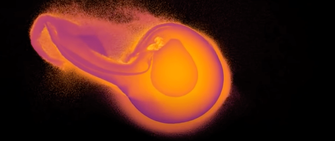 A cross-section of a 3D simulation replicating a scenario for the impact that formed the Moon.
