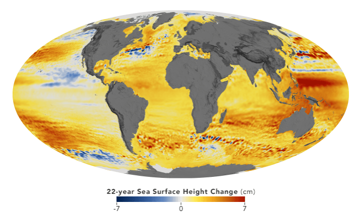 Map showing changes in sea level rise around the globe.