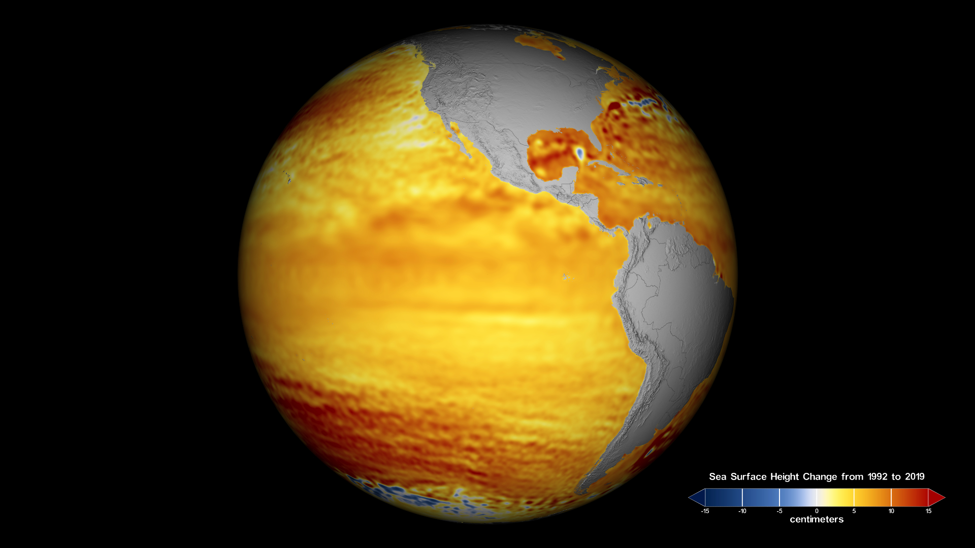 Data of change in sea level on the oceans from 1993 to 2019, view of Pacific and U.S West Coast