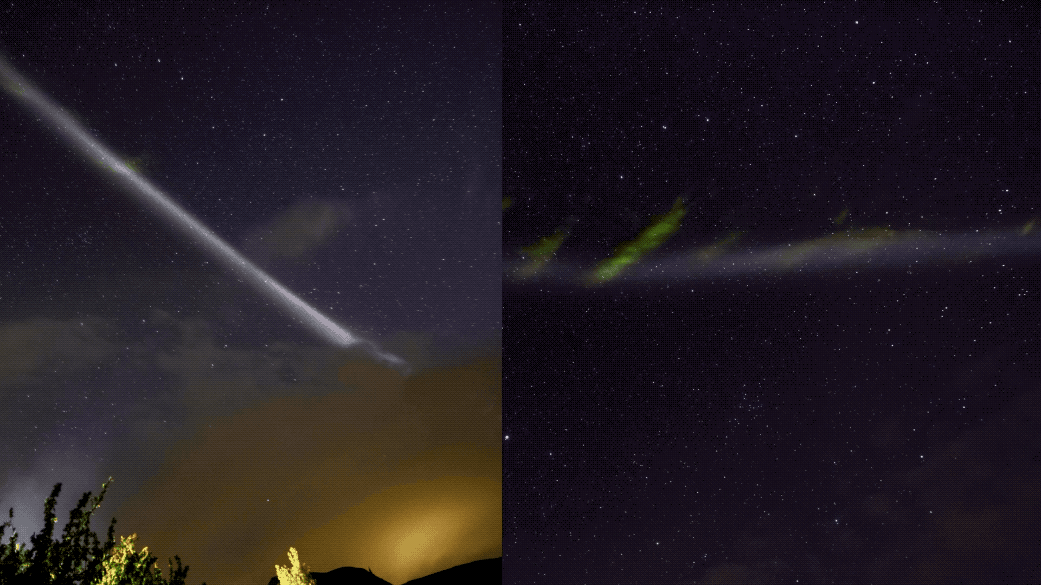 Two views of the STEVE phenomenon showing green streaks below the purple arc of light.