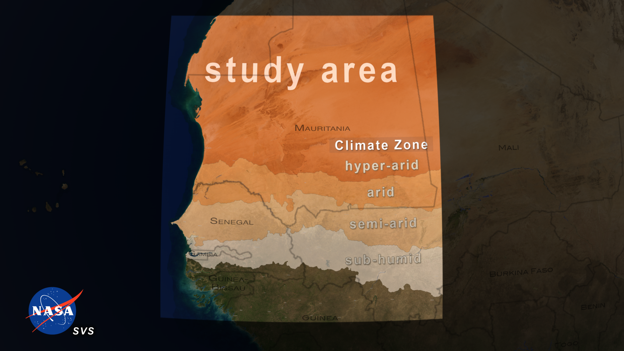 A map of western Africa, dividing the region into four zones by annual precipitation.