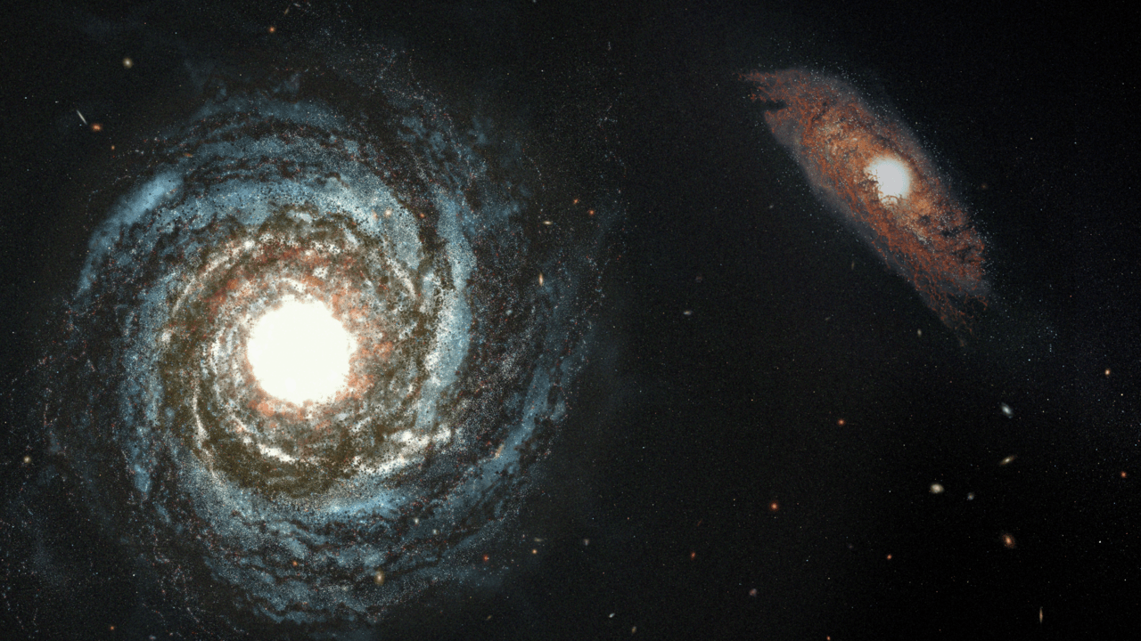 This artist’s illustration portrays two galaxies that existed in the first billion years of the universe.