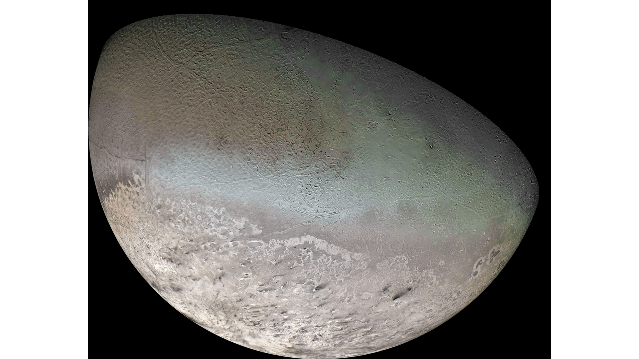 This global color mosaic of Neptune's moon Triton, likely a captured KBO, was taken in 1989 by Voyager 2 during its flyby of the