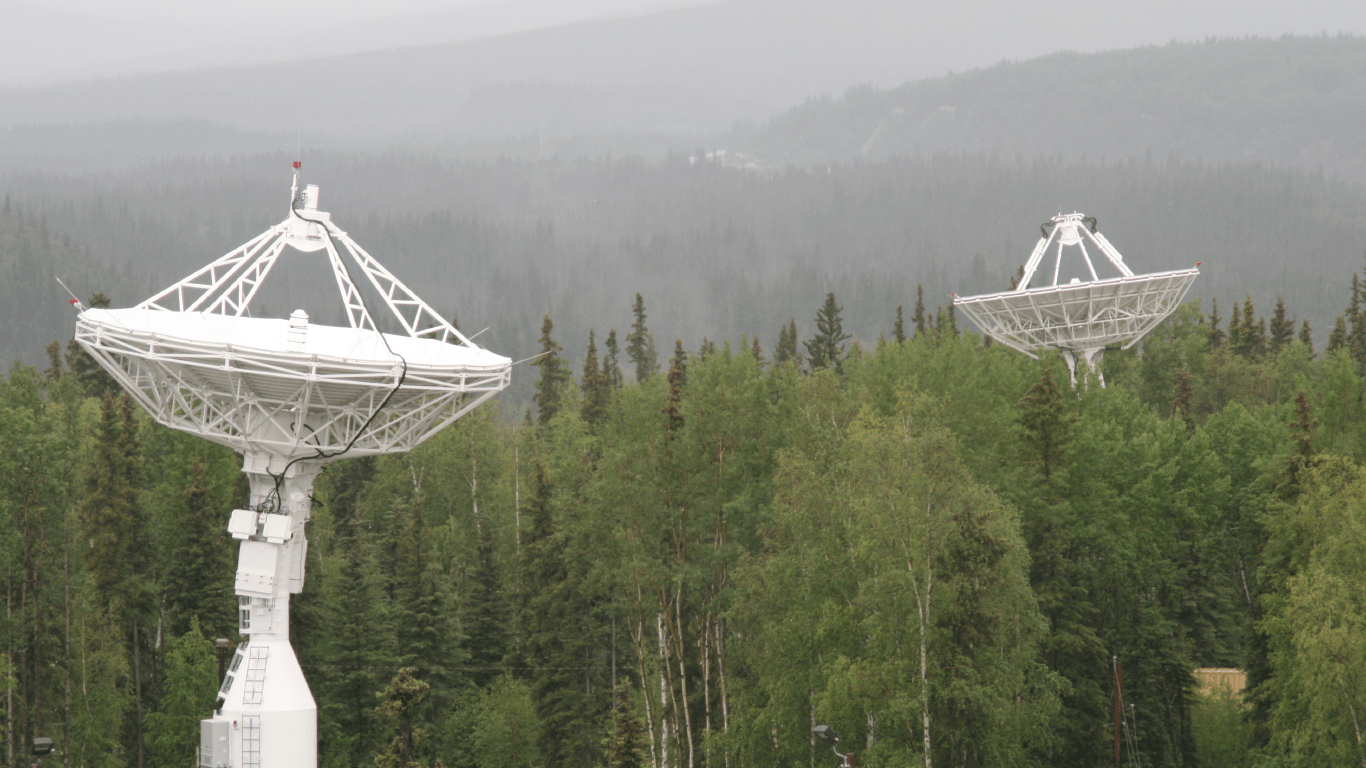 Two ground antennas located at the Alaska Satellite Facility in Fairbanks, Alaska. 