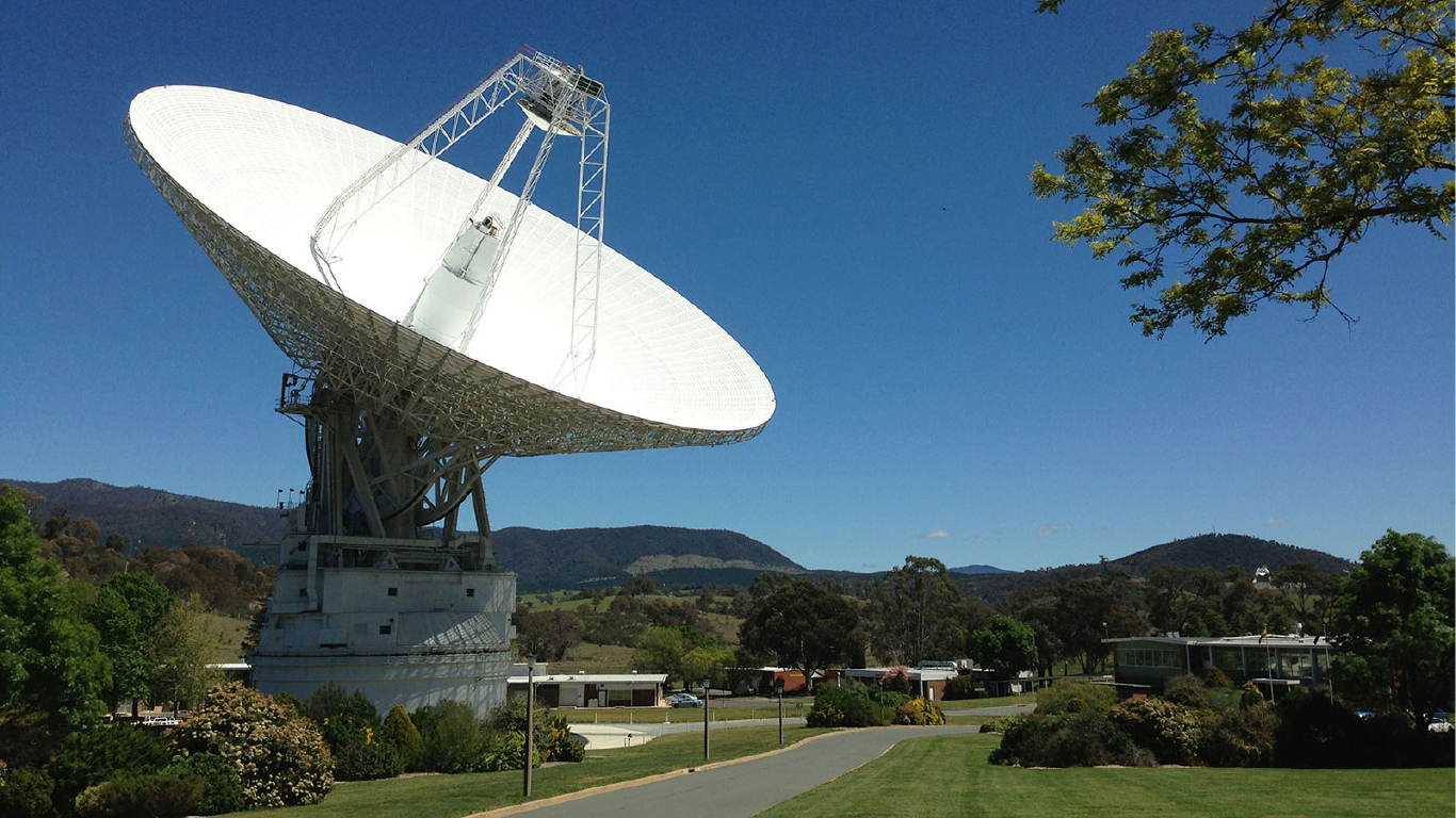 A 230-feet-wide antenna located at the Canberra Deep Space Communication Complex in Canberra, Australia. 