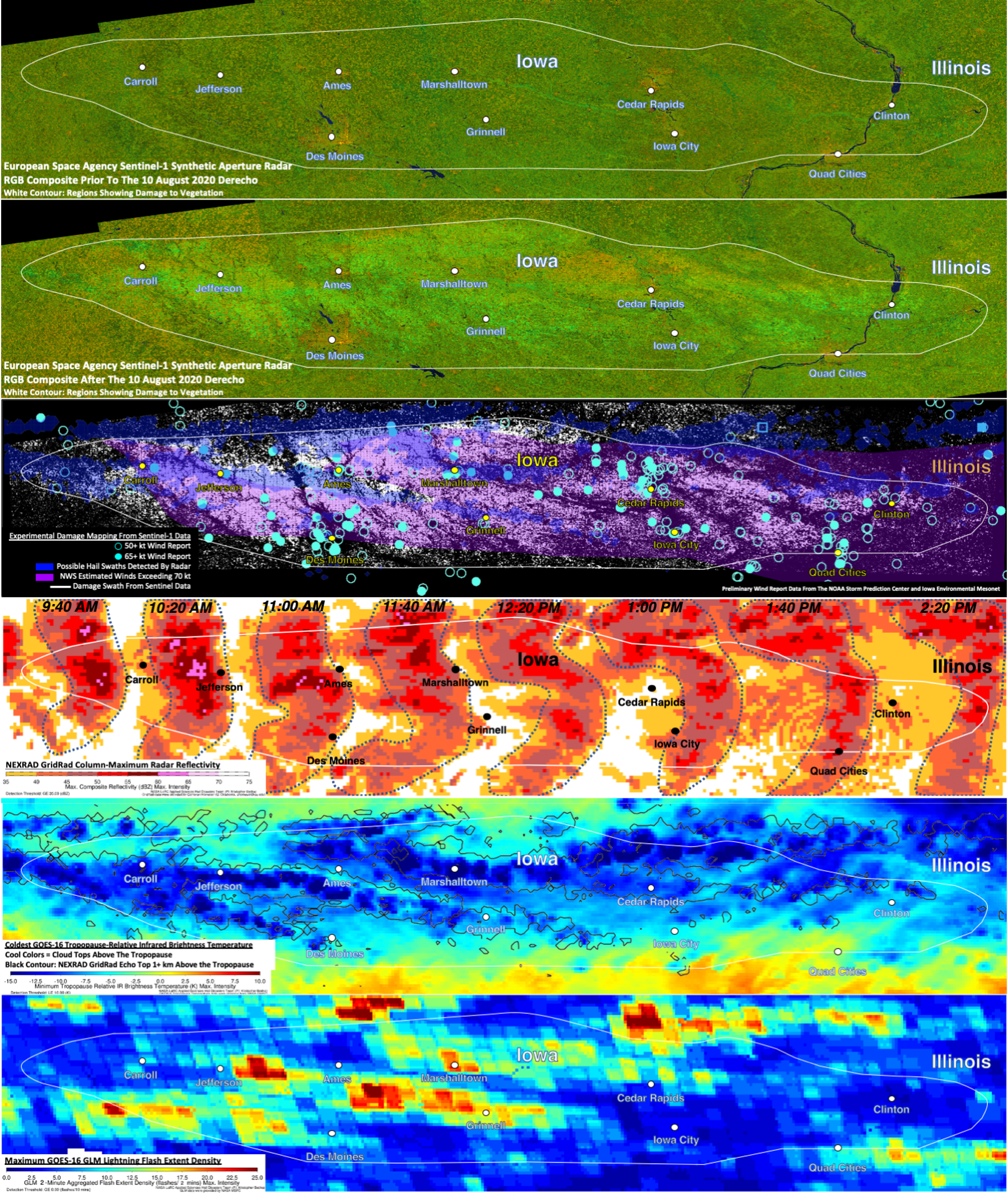 Satellite and radar imagery of Iowa derecho