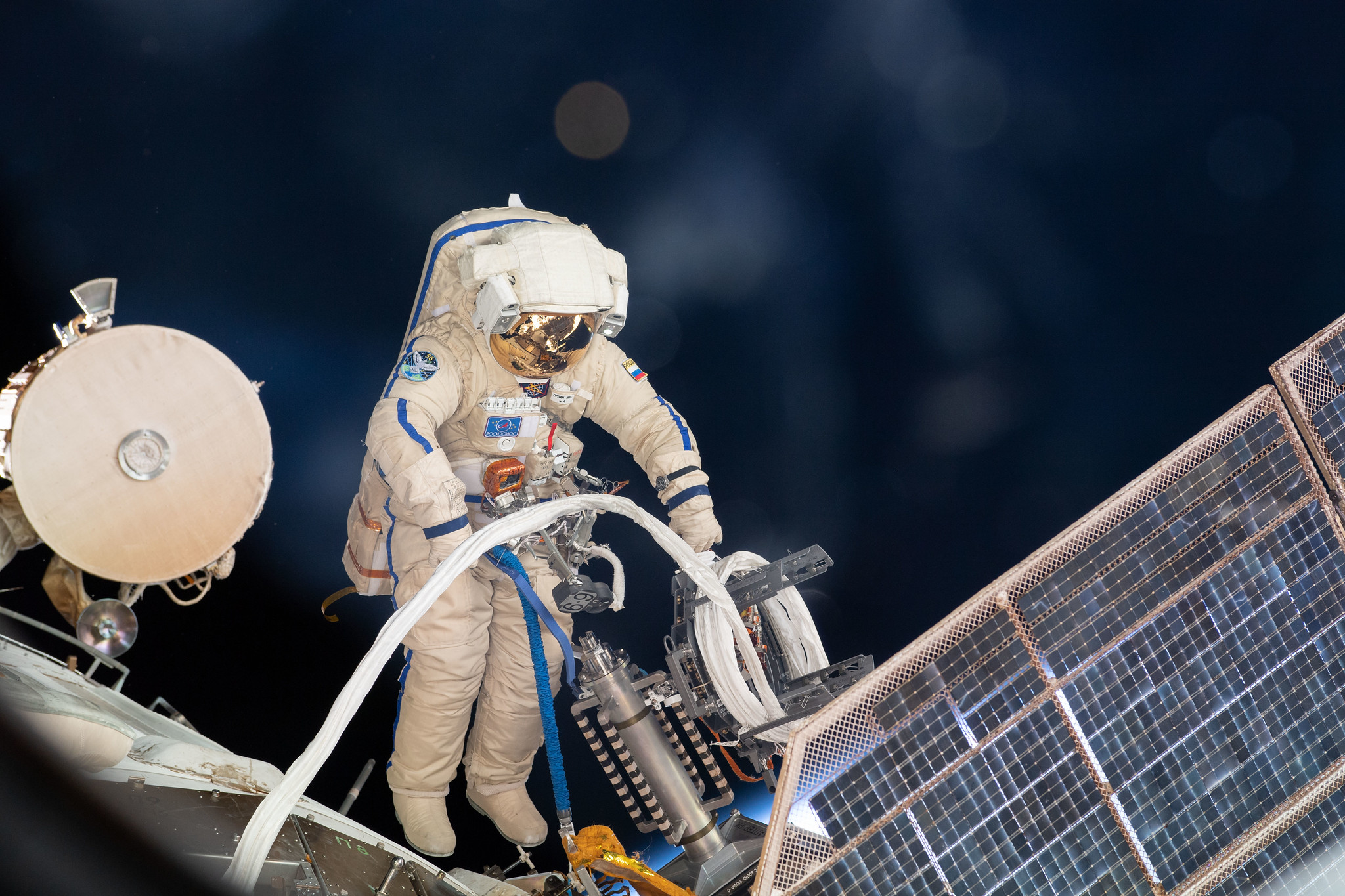 Roscosmos cosmonaut Sergey Prokopyev lays cable for the installation of the Icarus animal-tracking experiment