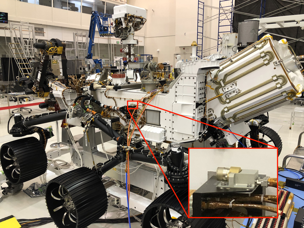 In this annotated illustration, the location of the Perseverance rover's entry, descent, and landing microphone is shown.