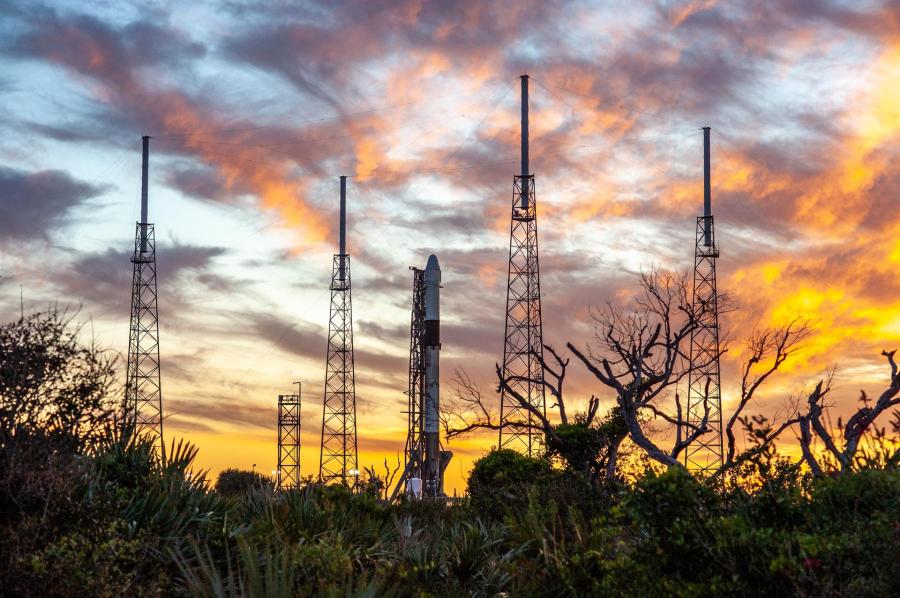 A SpaceX Falcon 9 rocket awaits liftoff for SpaceX's 20th Commercial Resupply Services Mission in March 2020.