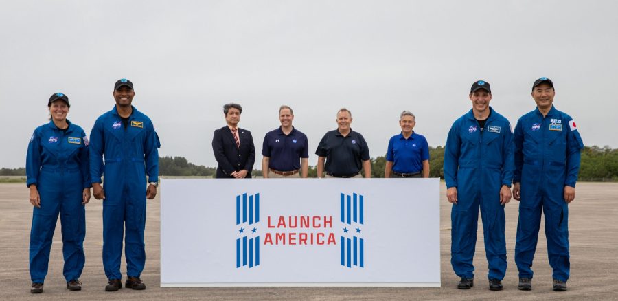 A crew arrival event for NASA's SpaceX Crew-1 mission is held Nov. 8, 2020, at the Launch and Landing Facility at the agency's Kennedy Space Center in Florida.