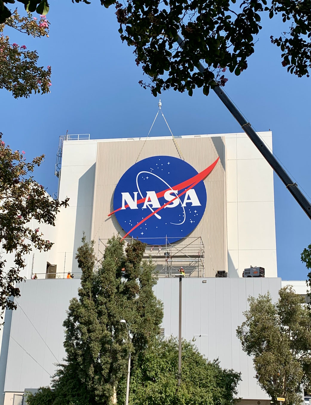 The sign, as seen from a distance, on JPL'S Spacecraft Assembly Facility