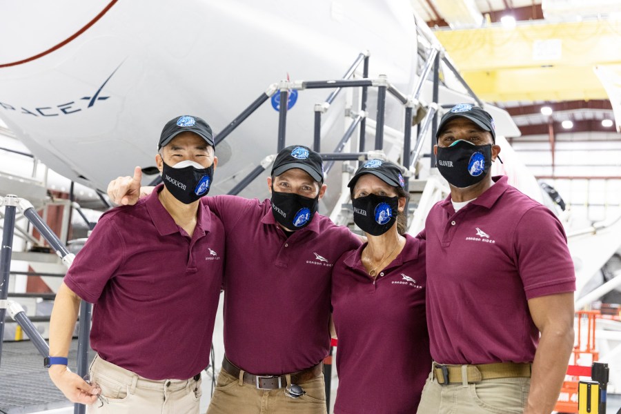 Crew-1 astronauts pose in front of the Crew Dragon spacecraft, Resilience