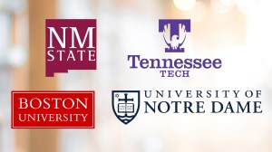 A blurred background with logos from New Mexico University, Tenesse Tech, Boston University and the University of Notre Dame logos.