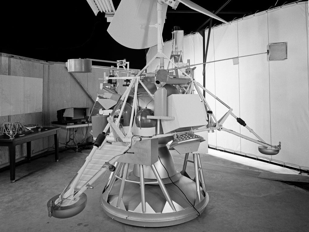 This photograph shows a model of the Surveyor lander
