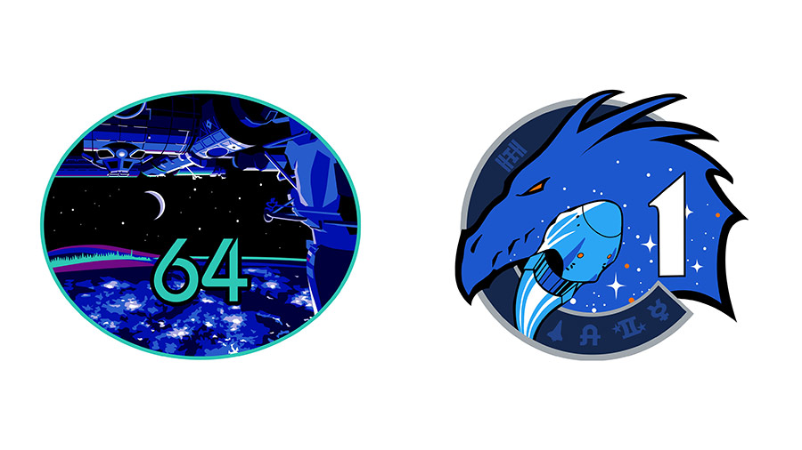 The insignias of the Expedition 64 and SpaceX Crew-1 missions.