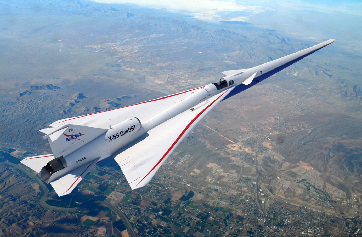 Artist concept of the X-59 Quiet SuperSonic Technology X-plane, or QueSST.
