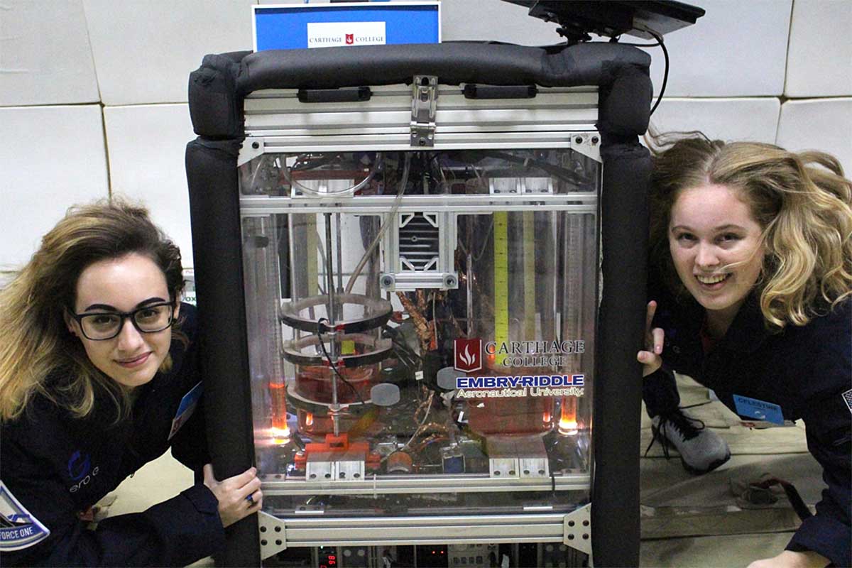 Carthage College students with test instrument on ZERO-G flight.