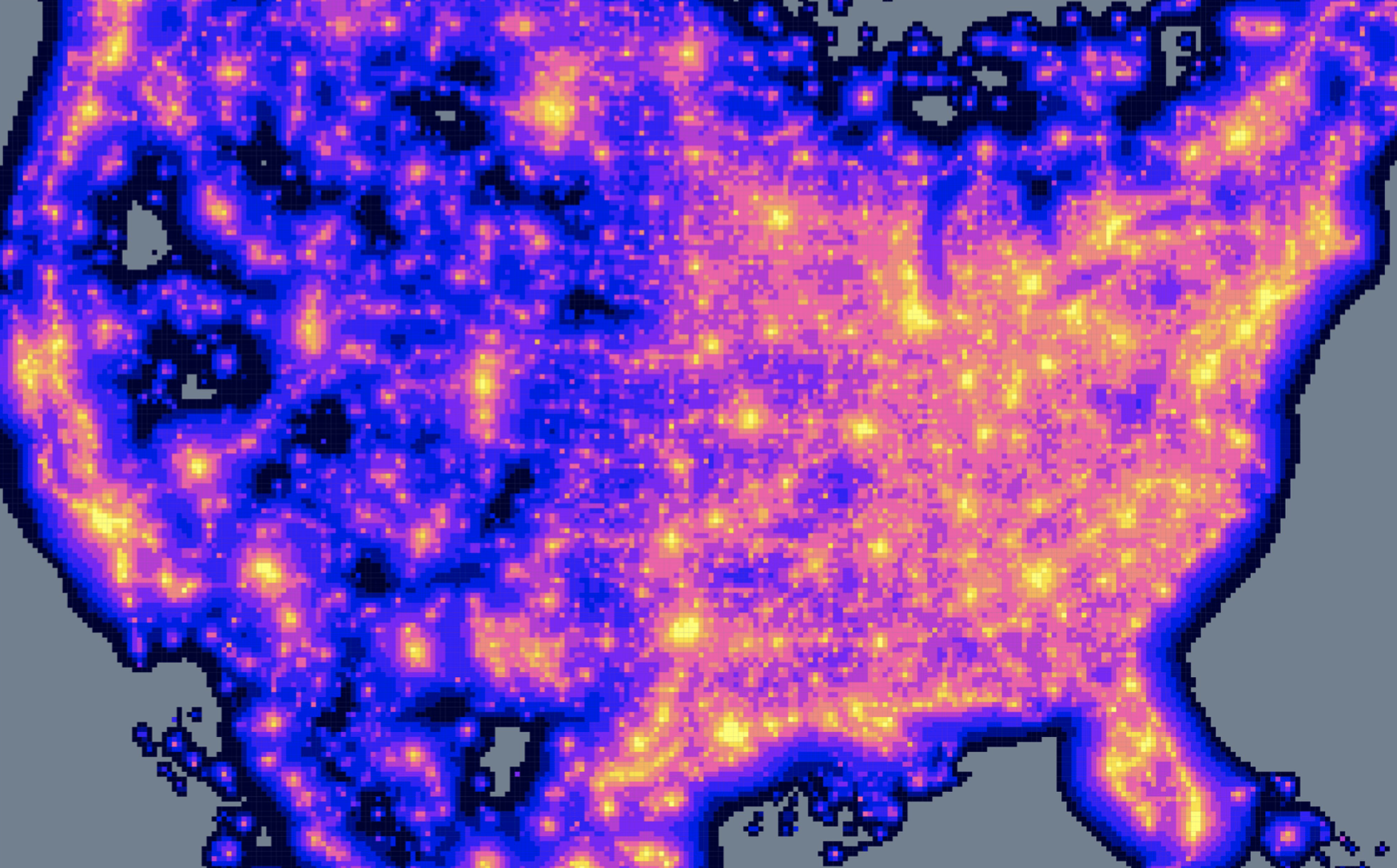 A map of the United States showing areas with high light pollution.