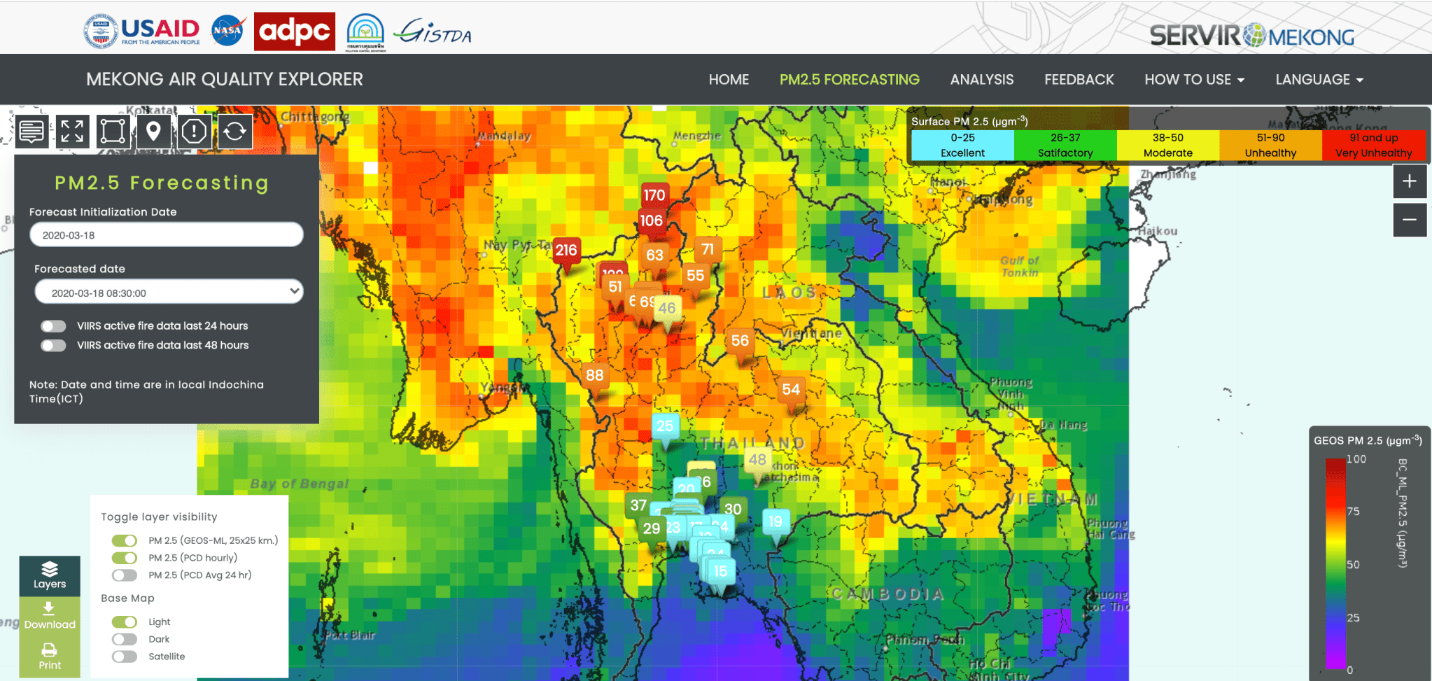 screenshot of SERVIR-Mekong Air Quality Explorer Application shows increased particle pollution levels on March 18, 2020