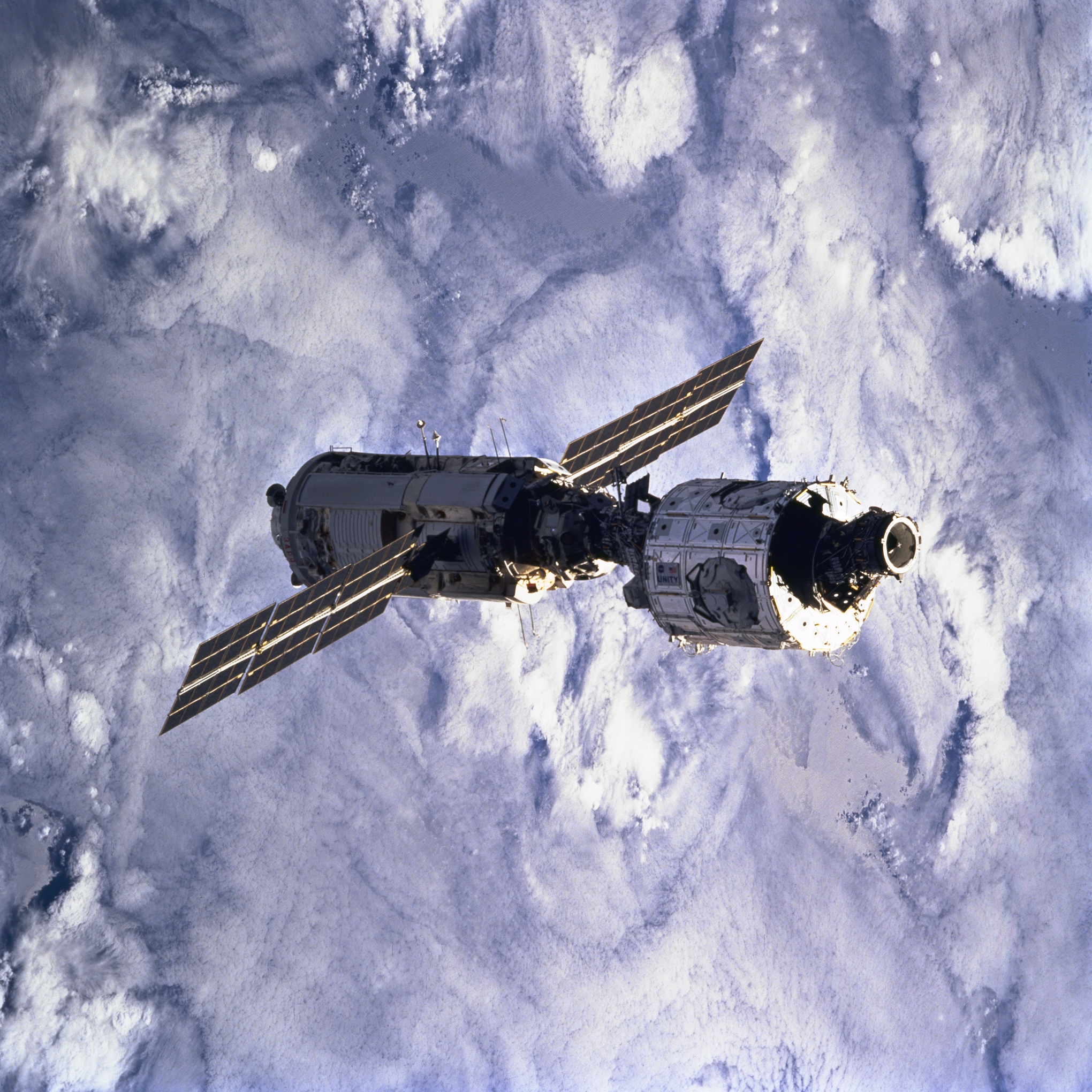 The Zarya module in orbit around Earth. 