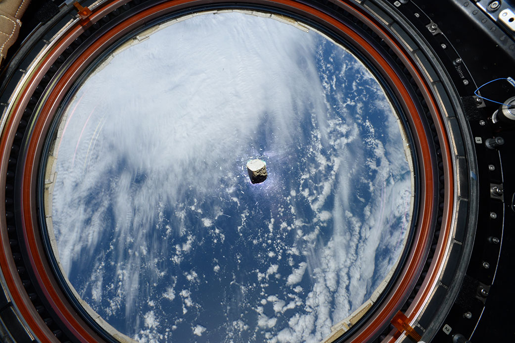 Fragment of a Martian meteorite, seen floating inside the International Space Station
