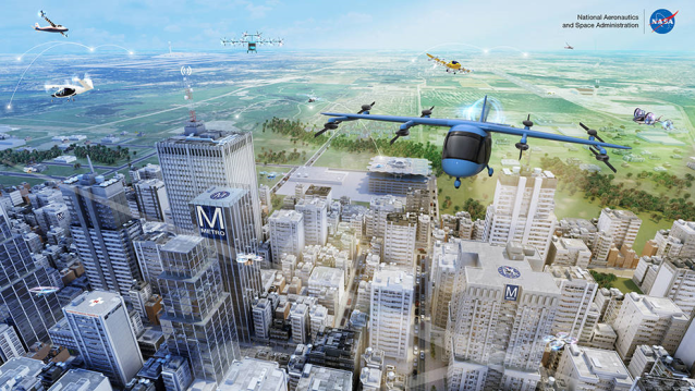 Artist illustration of various unmanned aircraft concepts in flight. In the foreground is a city vehicles and in the background is the rural areas.