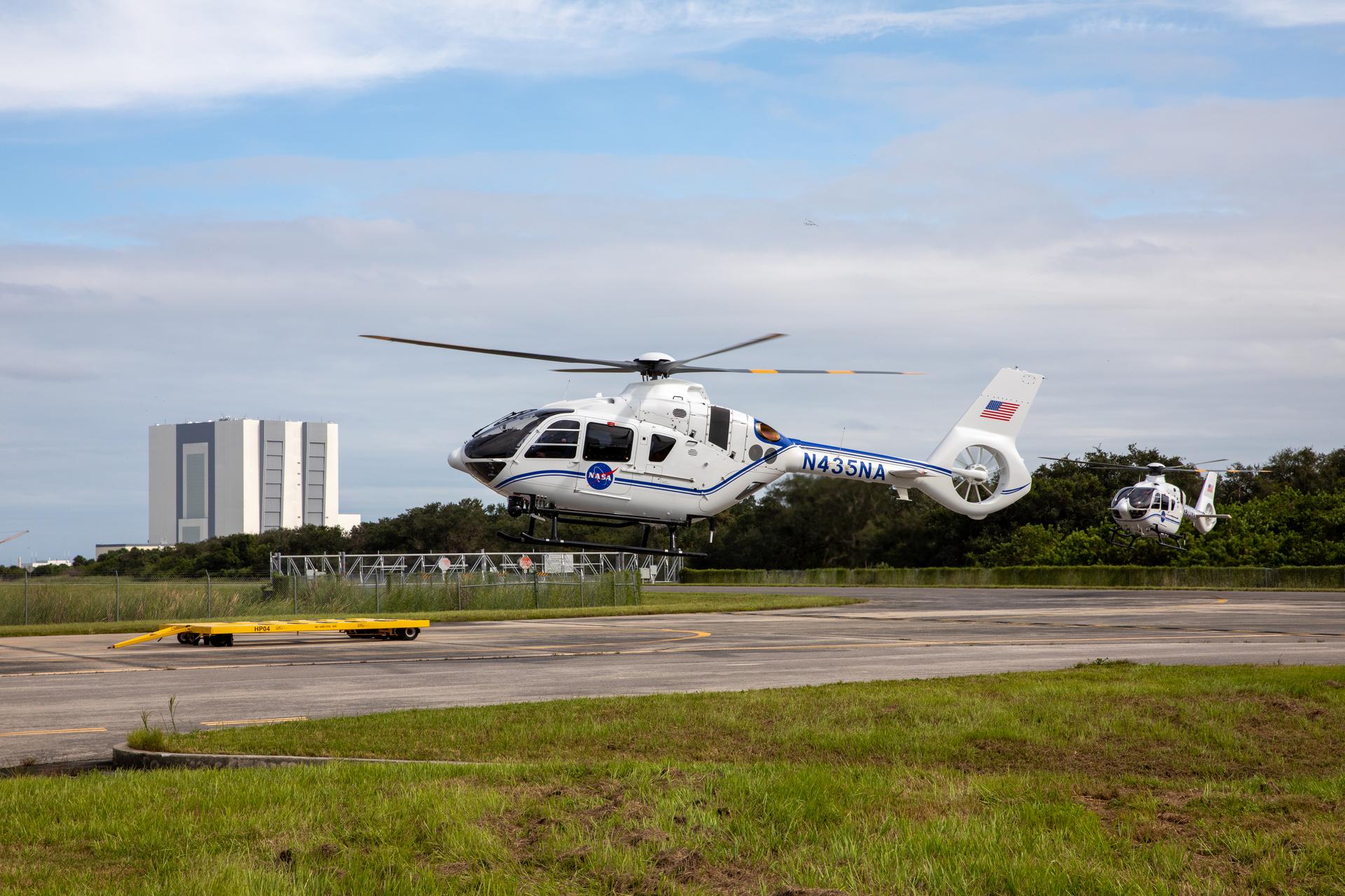 Two Airbus H135 helicopters arrive at Kennedy Space Center. 
