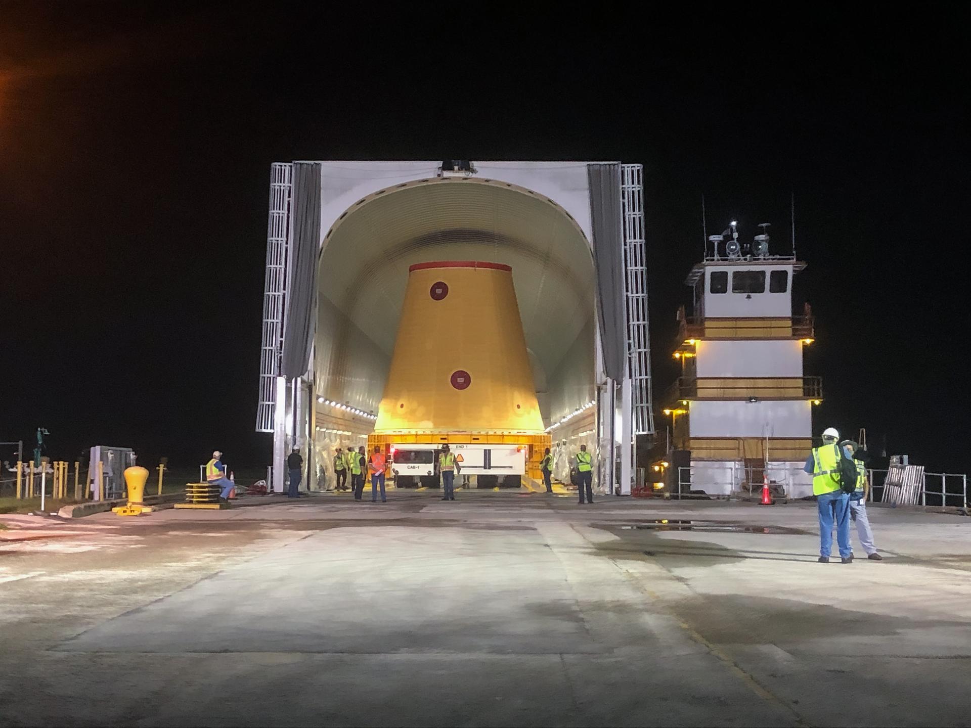 The Launch Vehicle Stage Adapter for Artemis I arrives at Kennedy.