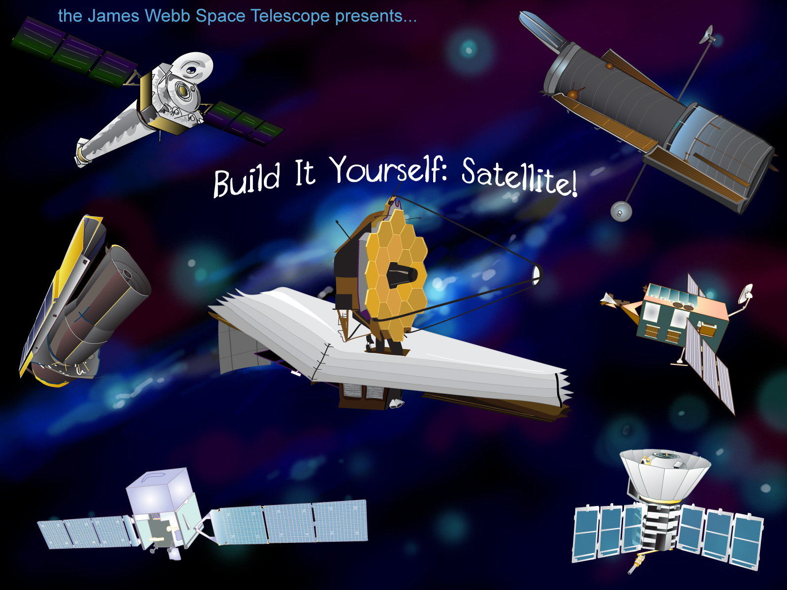 Cover art for the "Build It Yourself: Satellite" game for the Webb Telescope mission. Art of multiple spacecraft by Susan Lin.