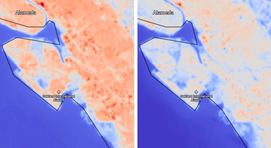 satellite data of air pollution over California airport in two side by side images. The left image is from March 2020 and the airport area is orange with spots of red and the image on the right is from May 2020 and it is much lighter orange.