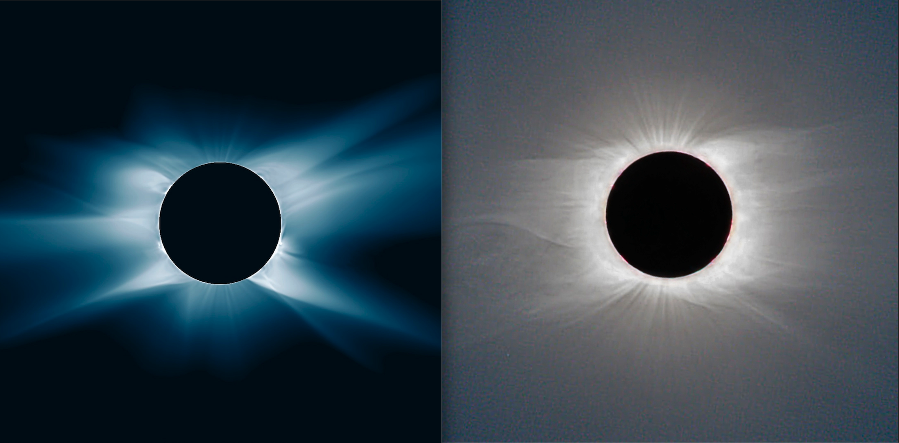 Two side-by-side images of an eclipse -- on the left, the predicted appearance of the eclipse, on the right, an actual image taken by a photographer.
