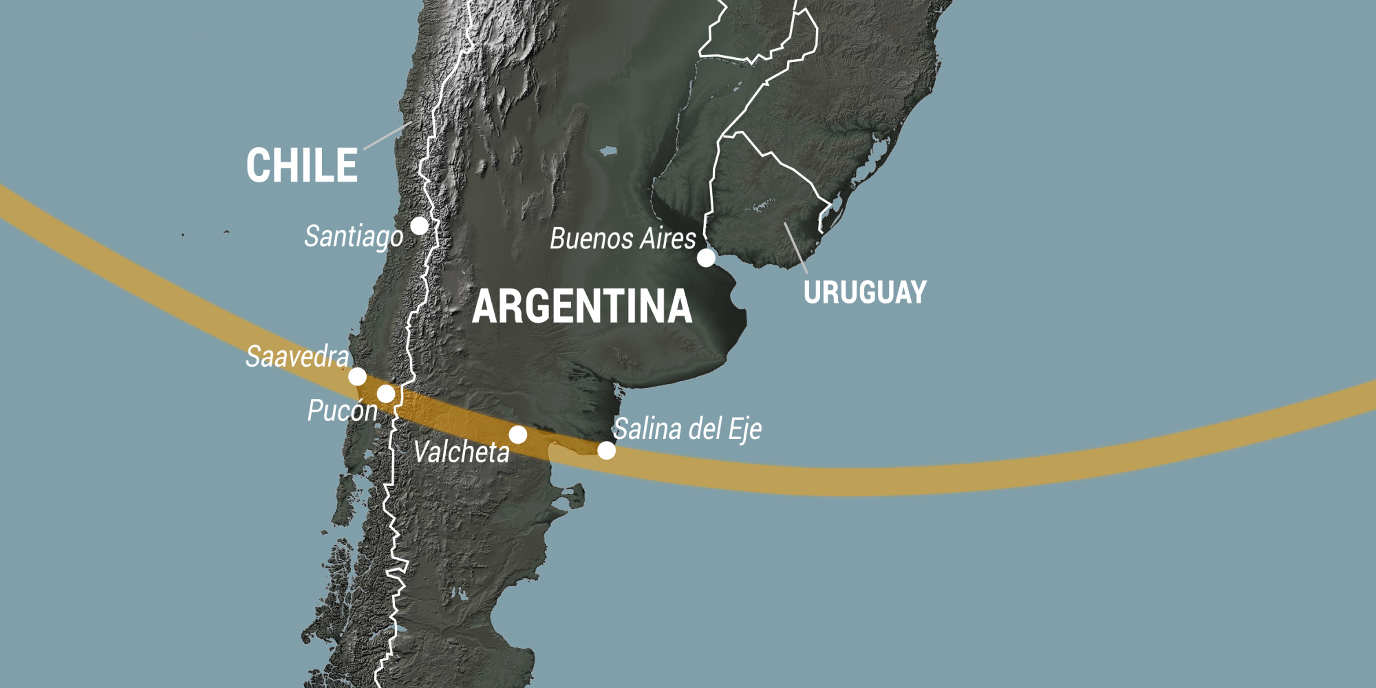 Map of the path of totality of the Dec. 14, 2020 solar eclipse in Argentina and Chile.