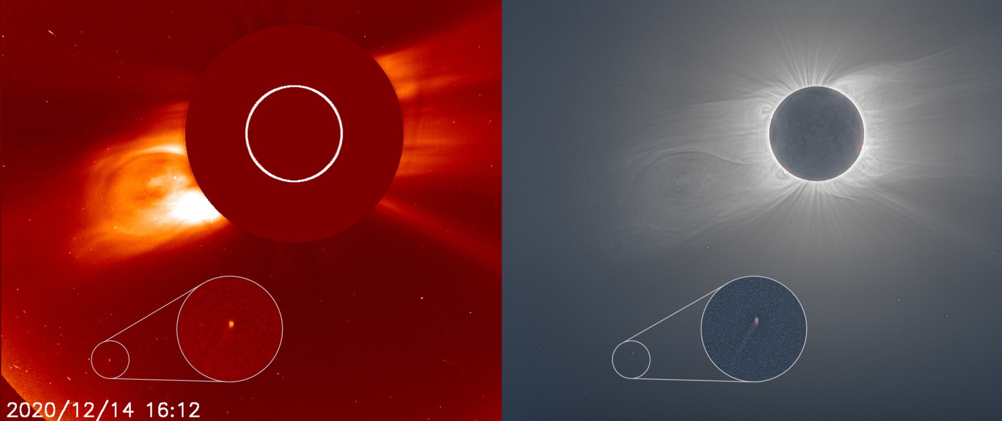 (Left) A satellite image shows a bright speck near the Sun. (Right) A photo of the total eclipse shows the speck from Earth.