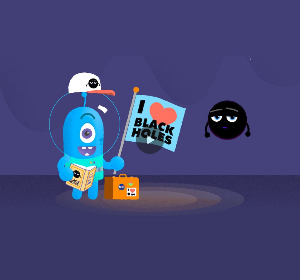 Cartoon alien wears space helmet and holds a sign that says, “I (Heart) Black Holes,” while a black hole looks on