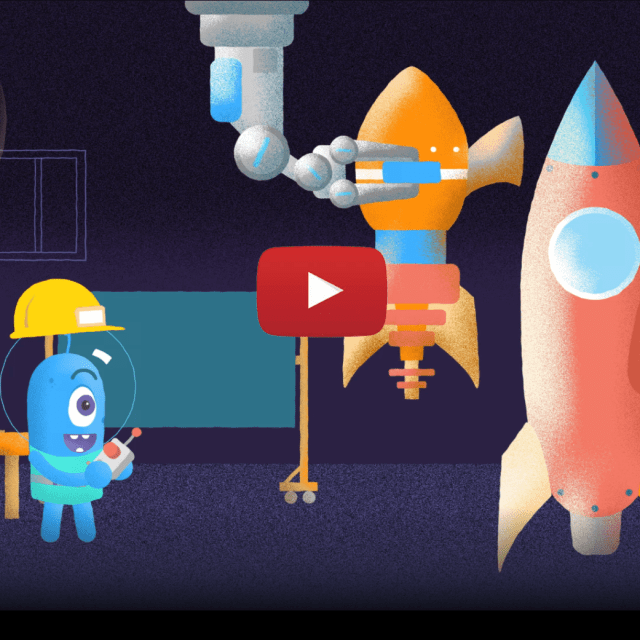 Cartoon alien walks toward a rocket
