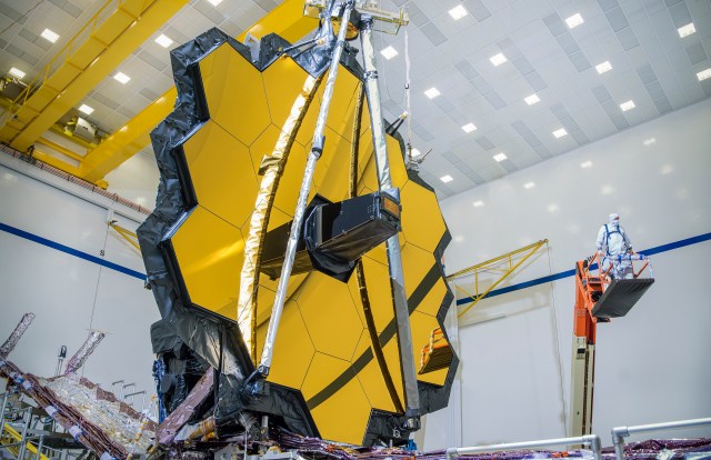 The James Webb Space Telescope with primary mirror fully unfolded in cleanroom
