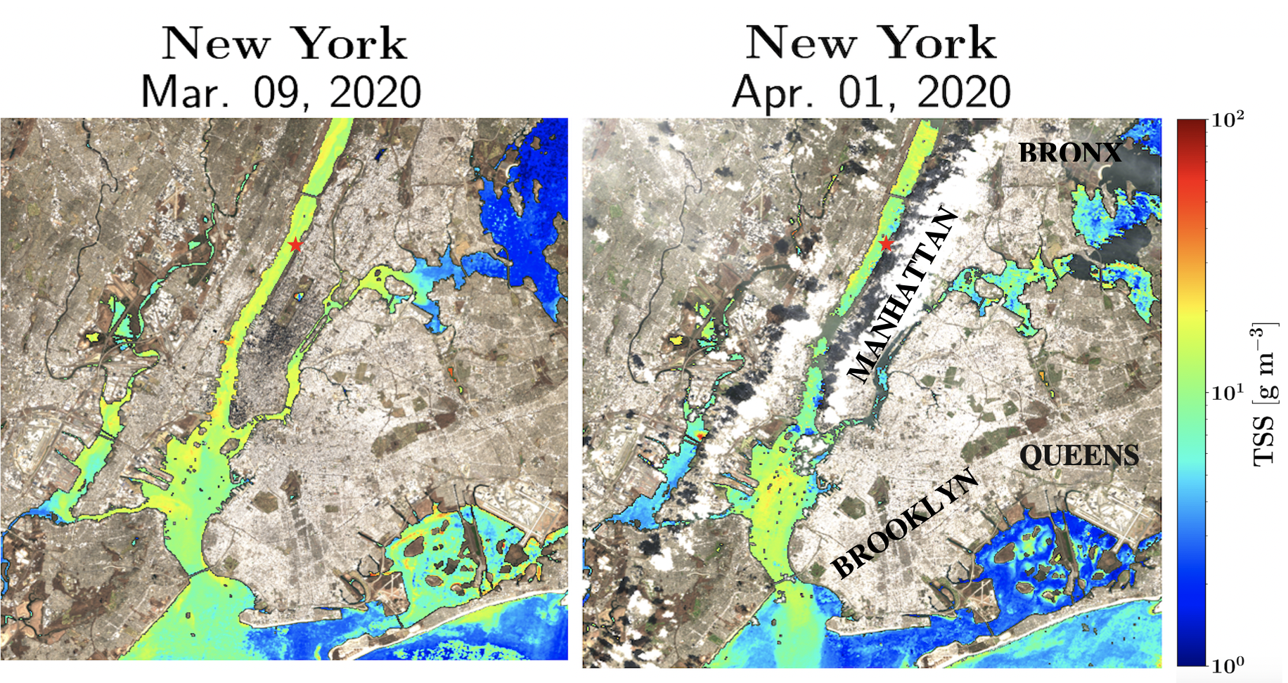 Maps of New York City showing turbidity before and during the pandemic.